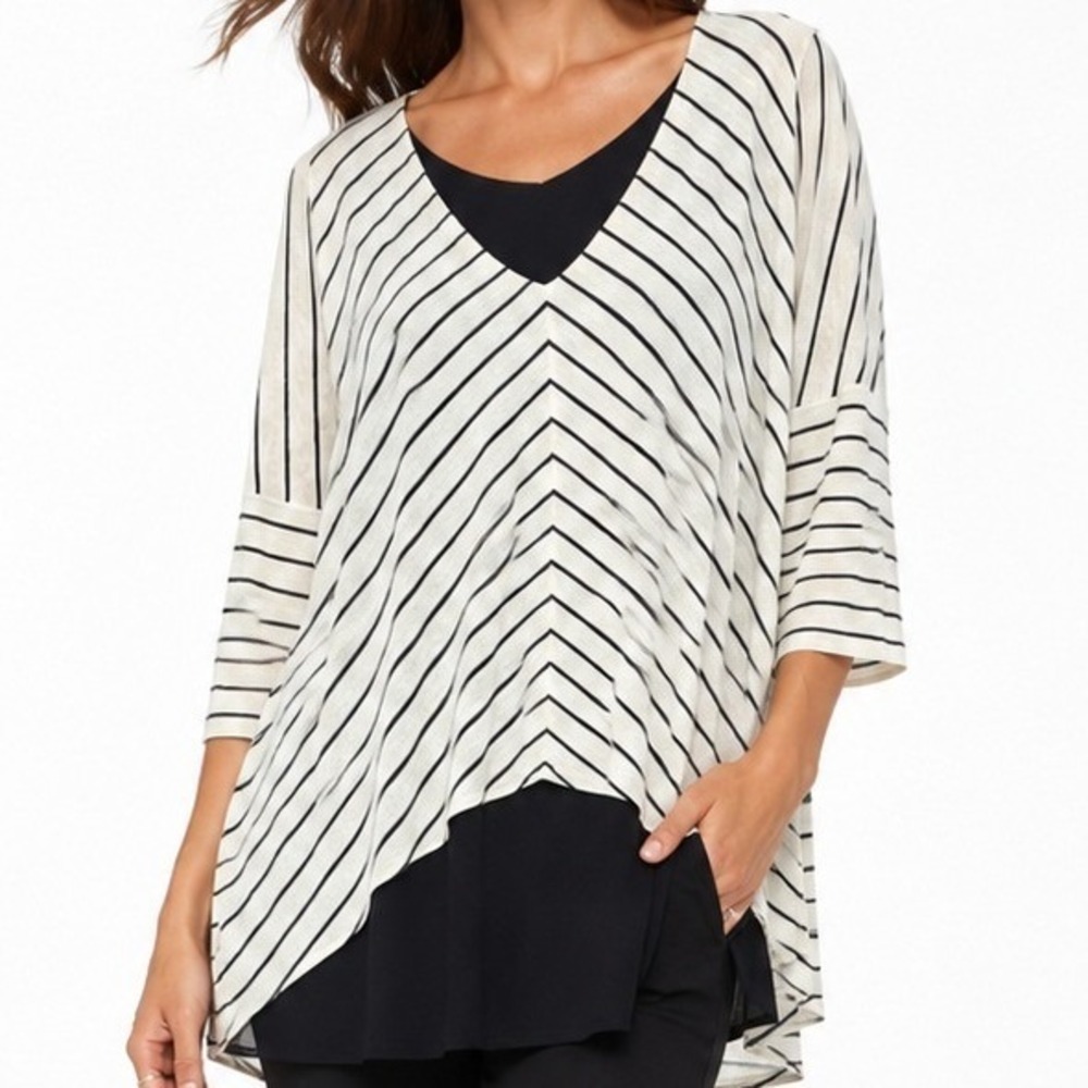 White House Black Market Striped Layered V-Neck High-Low Top Black White Medium